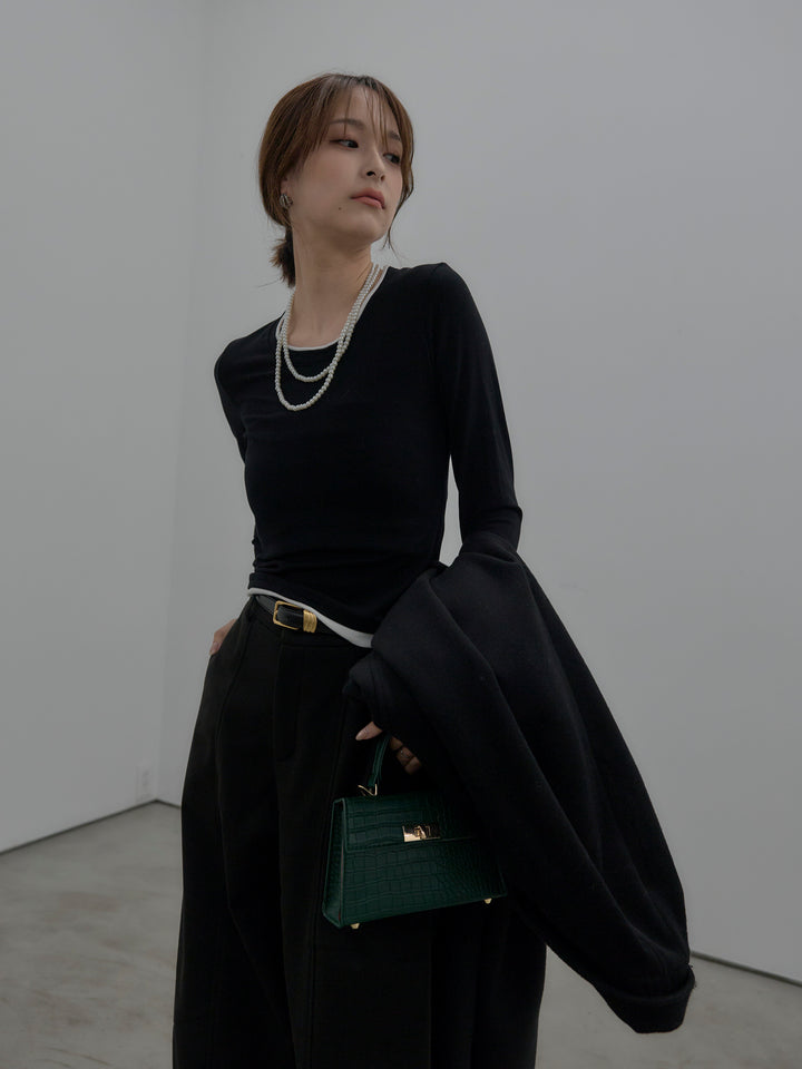 【SET】バイカラーレイヤードカットソー+カーブデザインスウェットライクパンツ(2set)