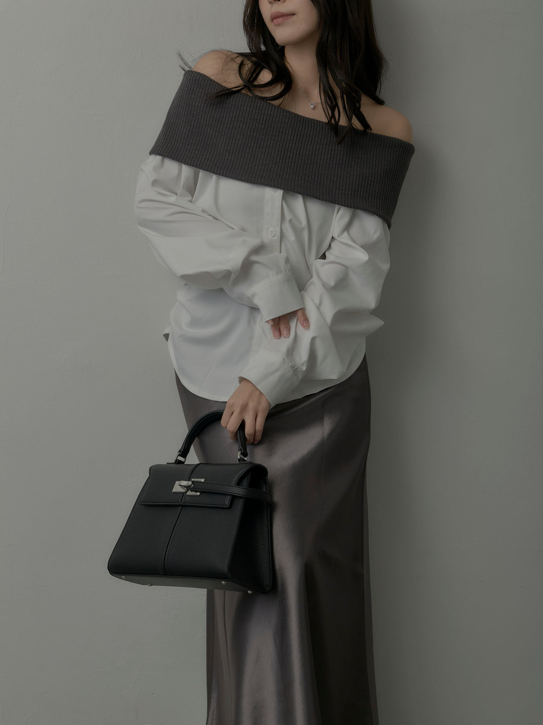 ニットシャツドッキングオフショルトップス