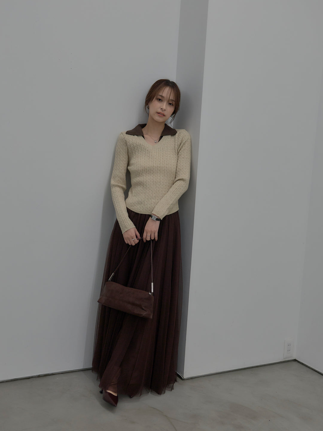 【SET】配色Vネックケーブルニットトップス+ボリュームチュールスカート(2set)