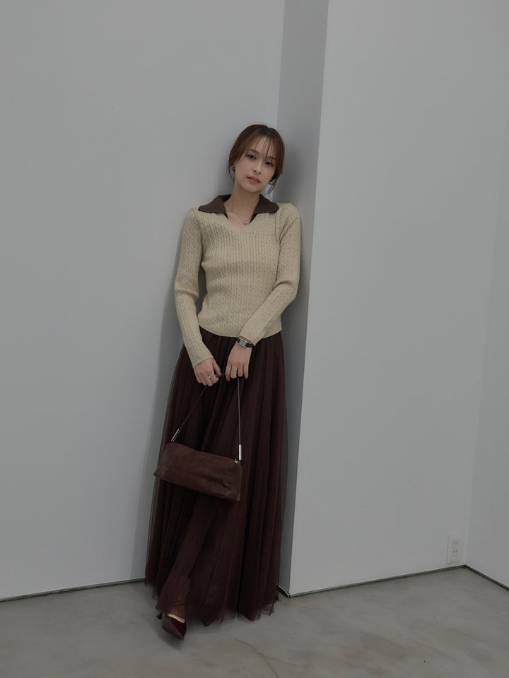 【SET】配色Vネックケーブルニットトップス+ボリュームチュールスカート(2set)