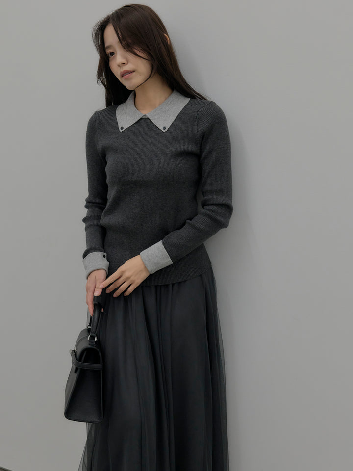 【SET】配色カフスニットポロ+ボリュームチュールスカート(2set)