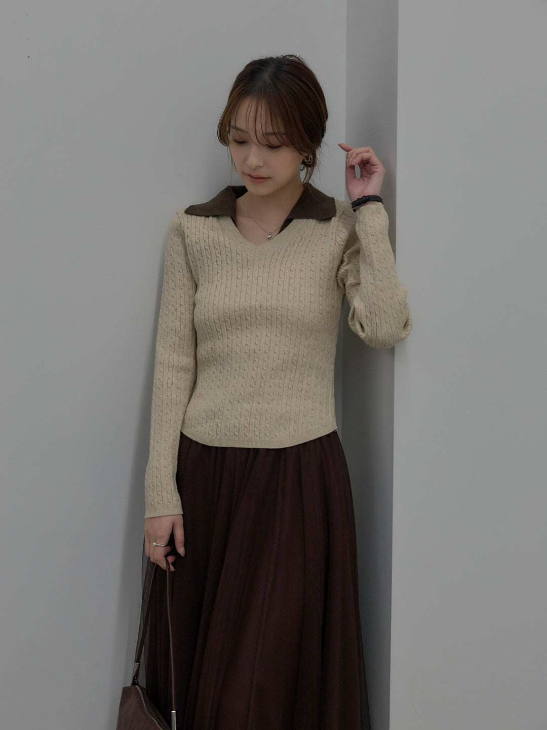 【SET】配色Vネックケーブルニットトップス+ボリュームチュールスカート(2set)
