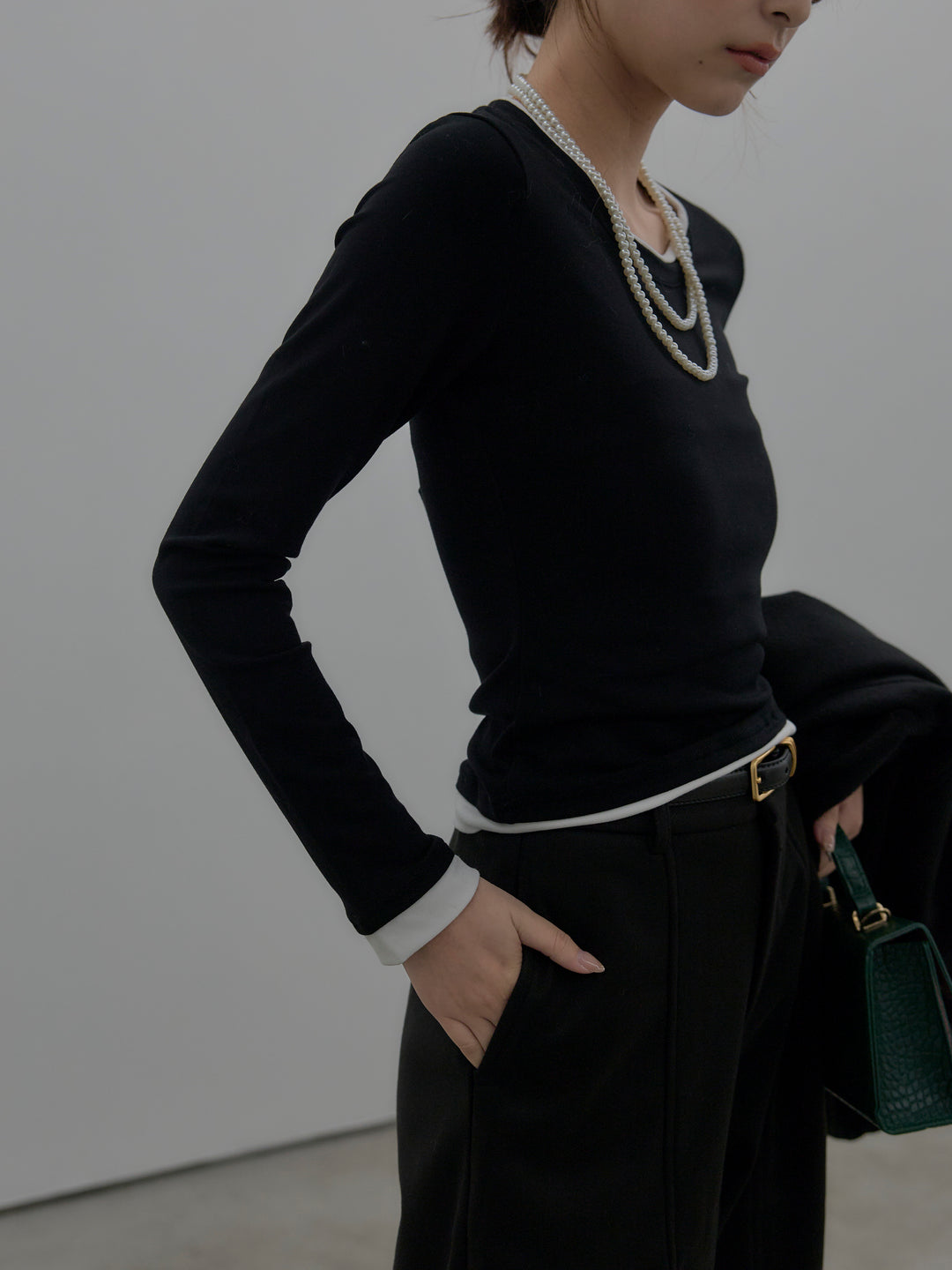 【SET】バイカラーレイヤードカットソー+カーブデザインスウェットライクパンツ(2set)