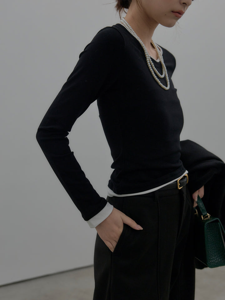 【SET】バイカラーレイヤードカットソー+カーブデザインスウェットライクパンツ(2set)