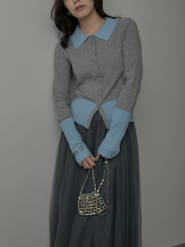 【SET】バイカラーリブニットポロトップス+ボリュームチュールスカート(2set)