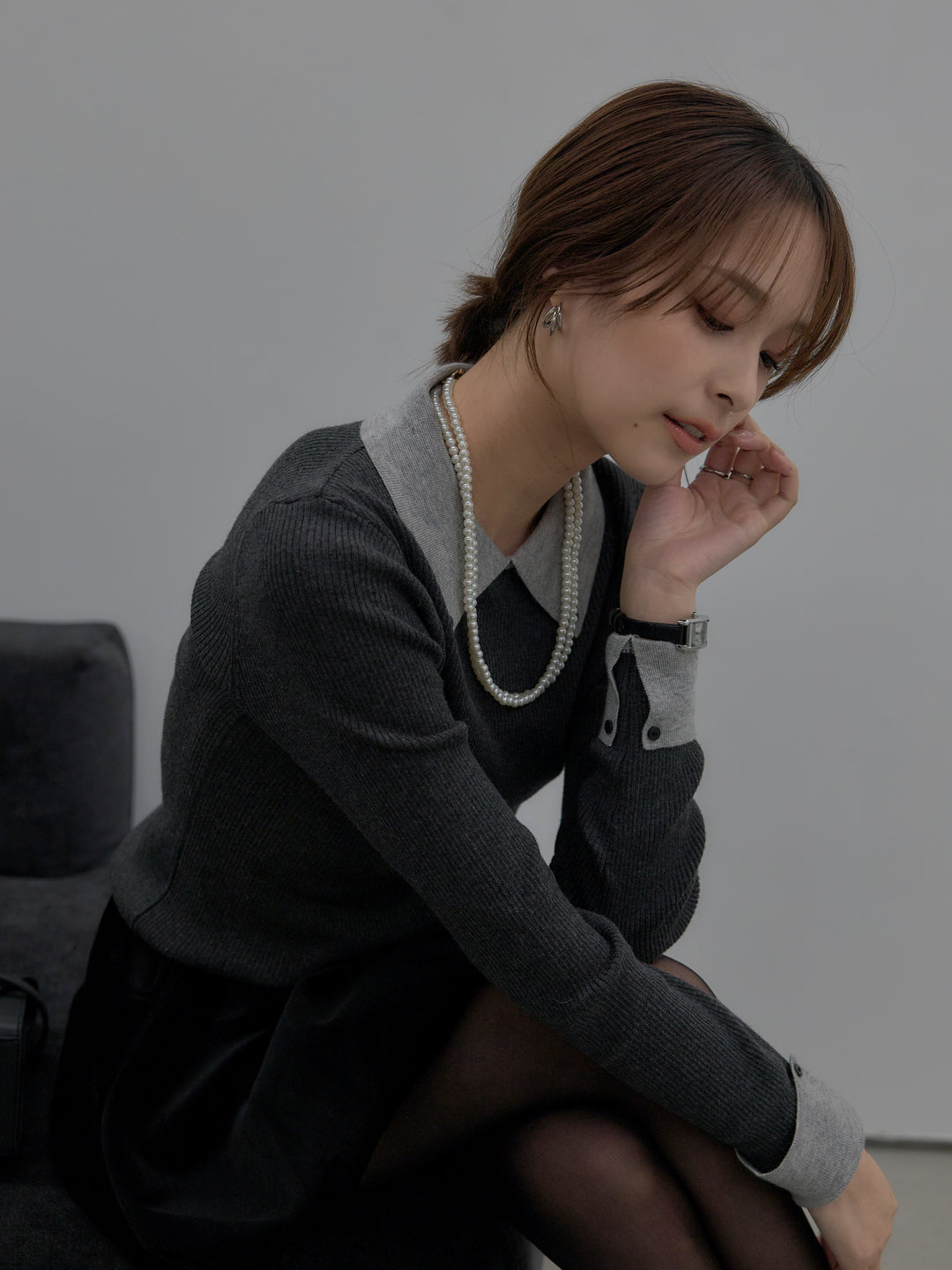 【SET】配色カフスニットポロ+ベロアバルーンミニスカート(インパン付き)(2set)