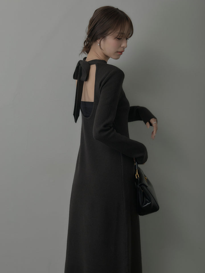 バックリボンニットロングワンピース