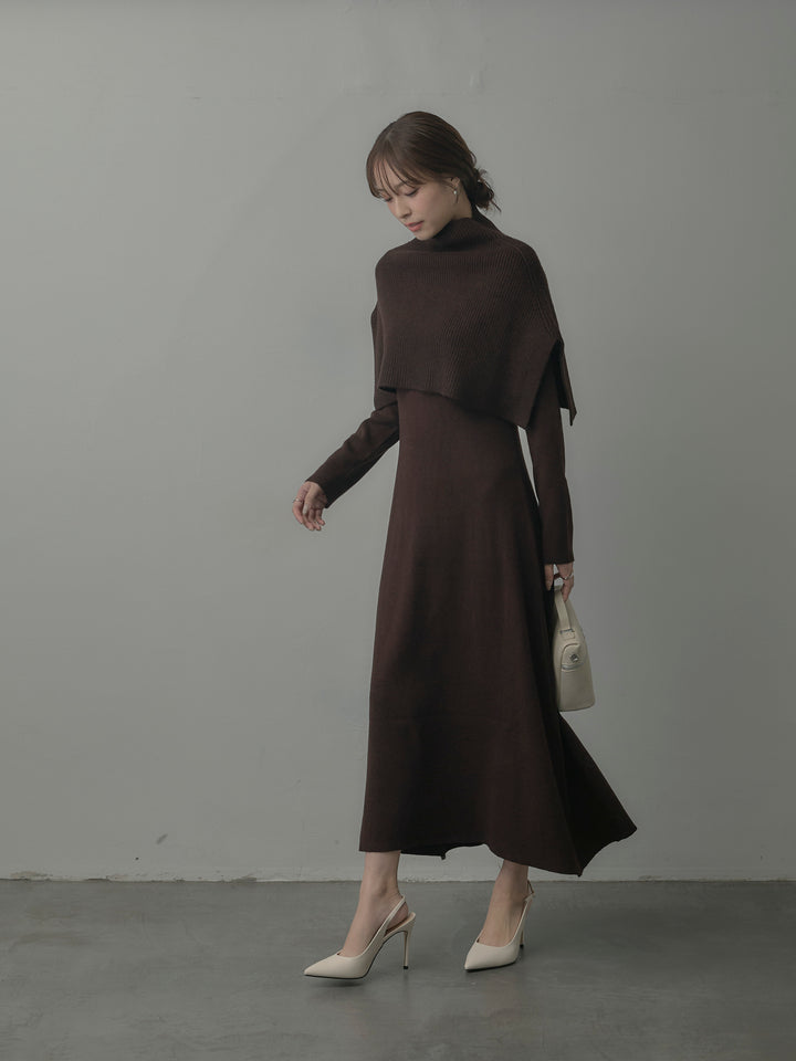 ケープ付きリブニットロングワンピース