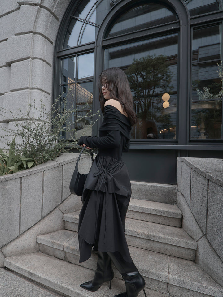 [予約]オフショルリブドッキングワンピース