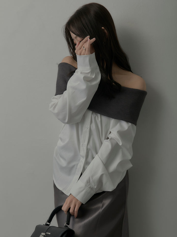 ニットシャツドッキングオフショルトップス