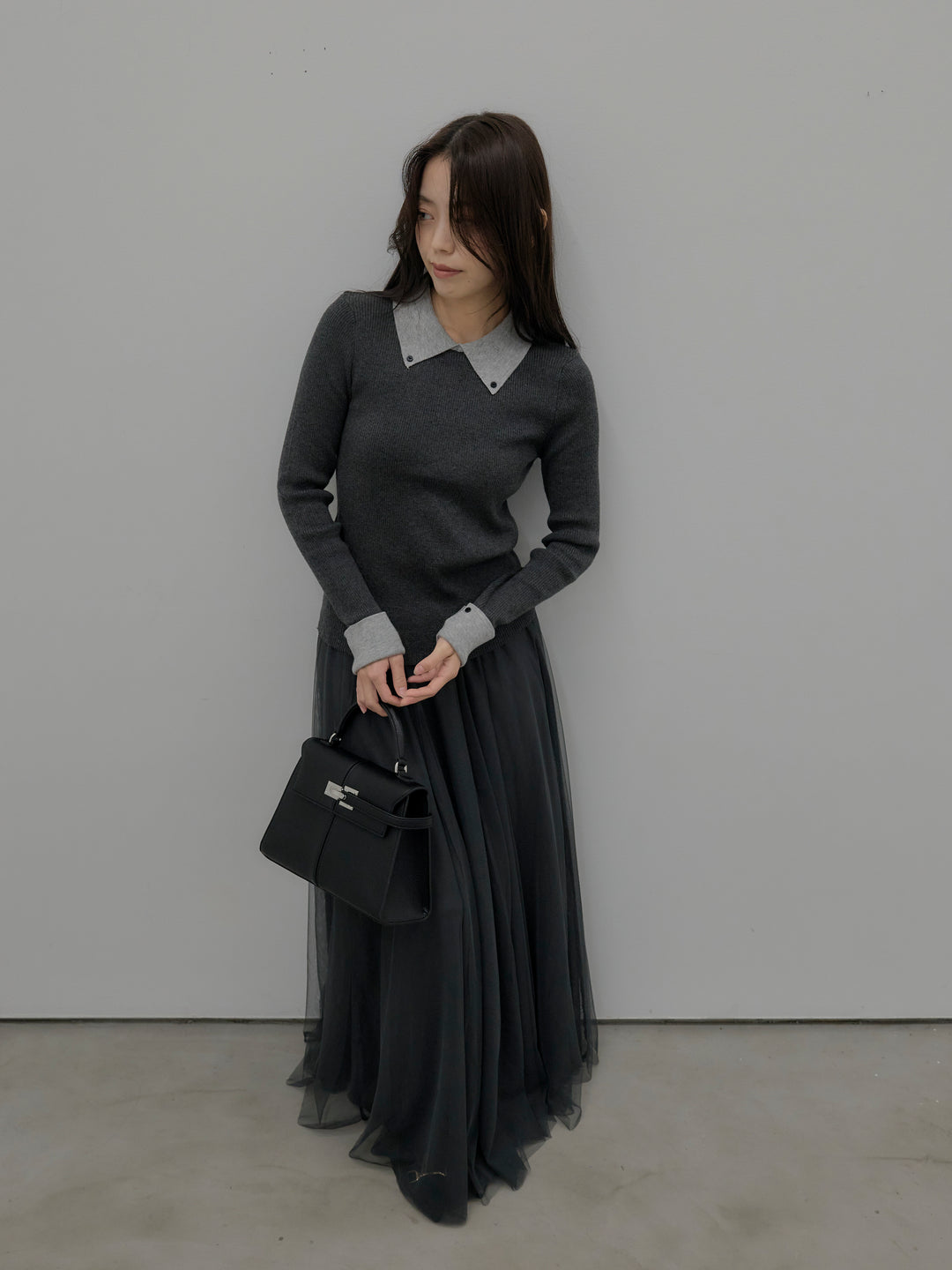 【SET】配色カフスニットポロ+ボリュームチュールスカート(2set)