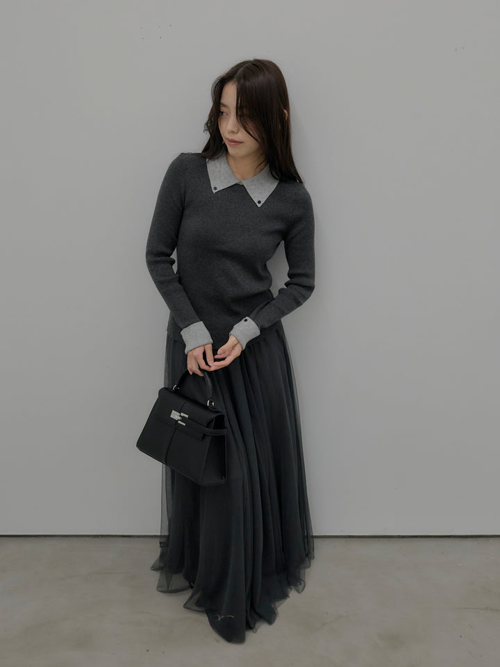 【SET】配色カフスニットポロ+ボリュームチュールスカート(2set)