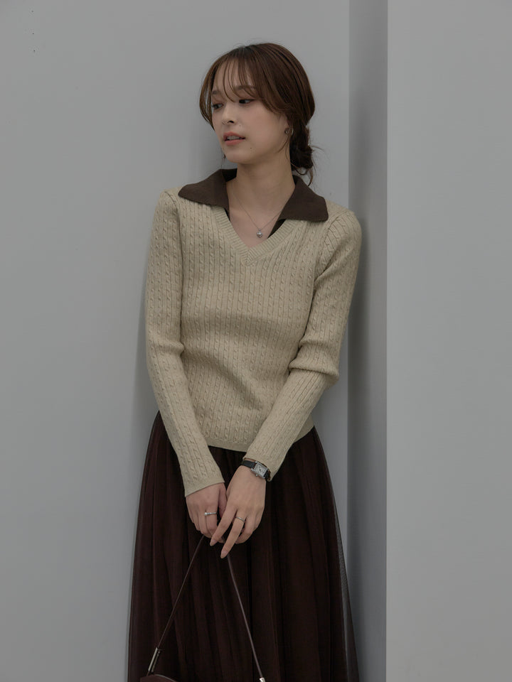 【SET】配色Vネックケーブルニットトップス+ボリュームチュールスカート(2set)