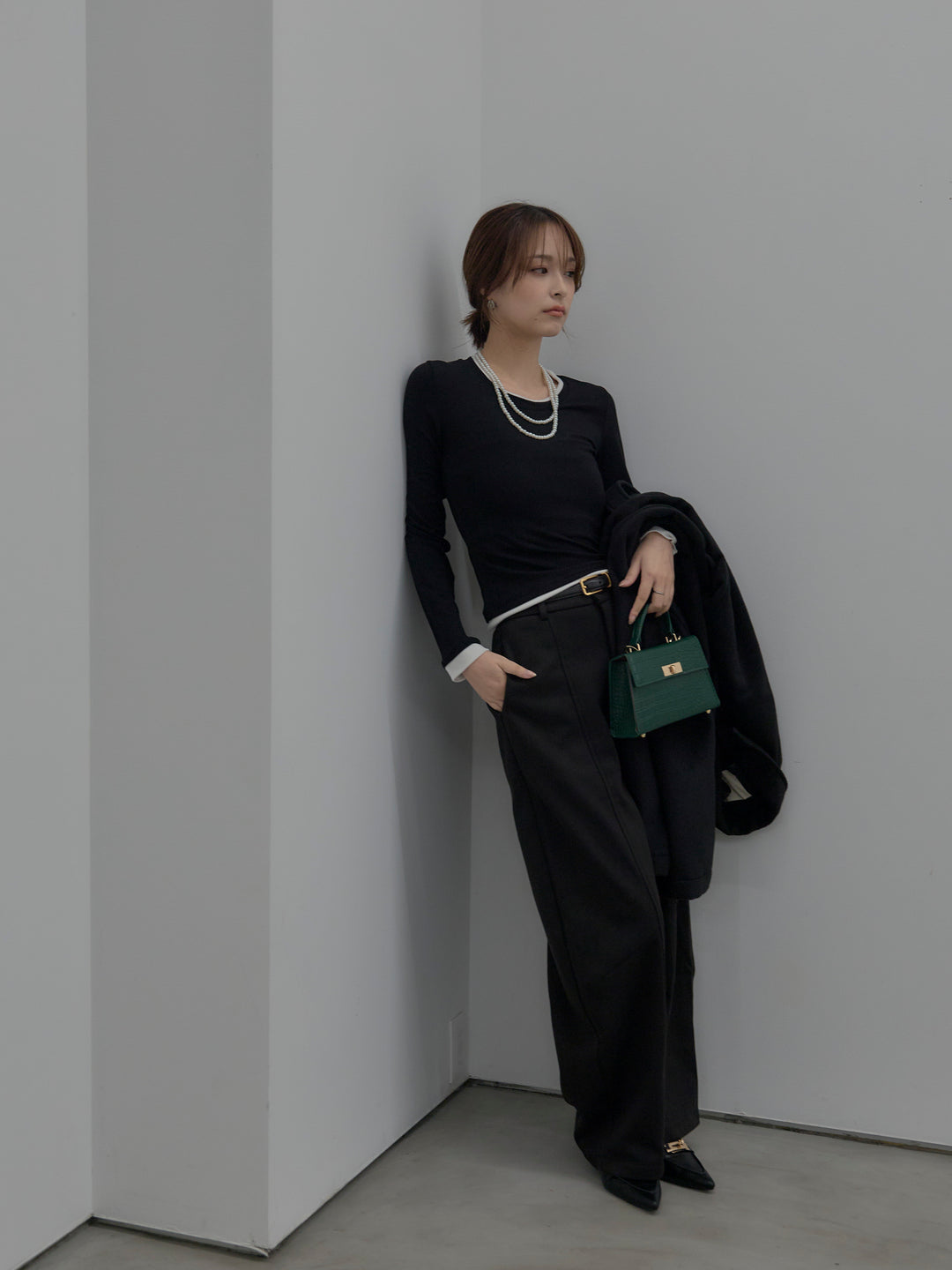 【SET】バイカラーレイヤードカットソー+カーブデザインスウェットライクパンツ(2set)