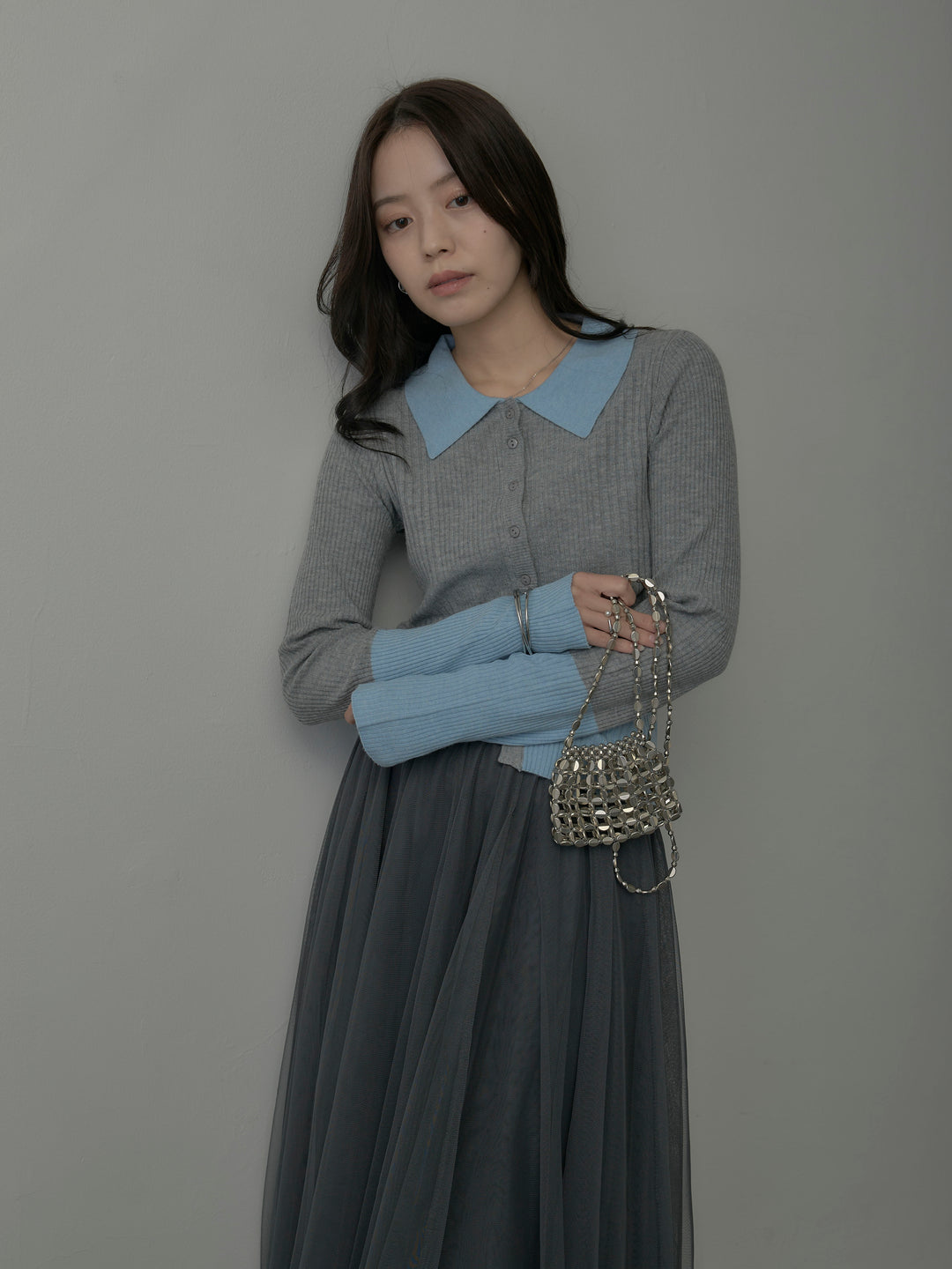 バイカラーリブニットポロトップス