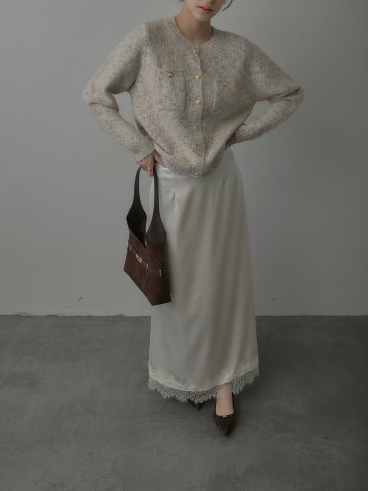 【SET】MIXニットゴールドボタンニットカーディガン+裾レースサテンスカート(2set)