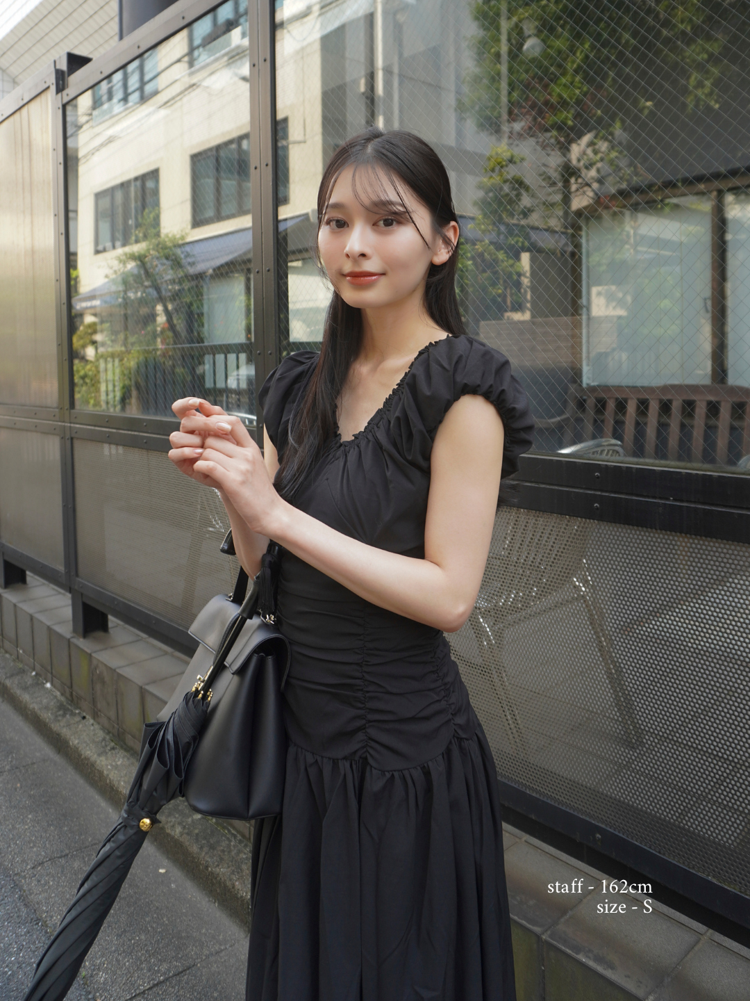 【Essential】Shirring flare puff sleeve one piece