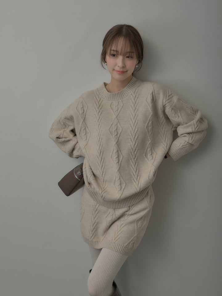 デザイン編みニットトップス&ミニスカート SET UP