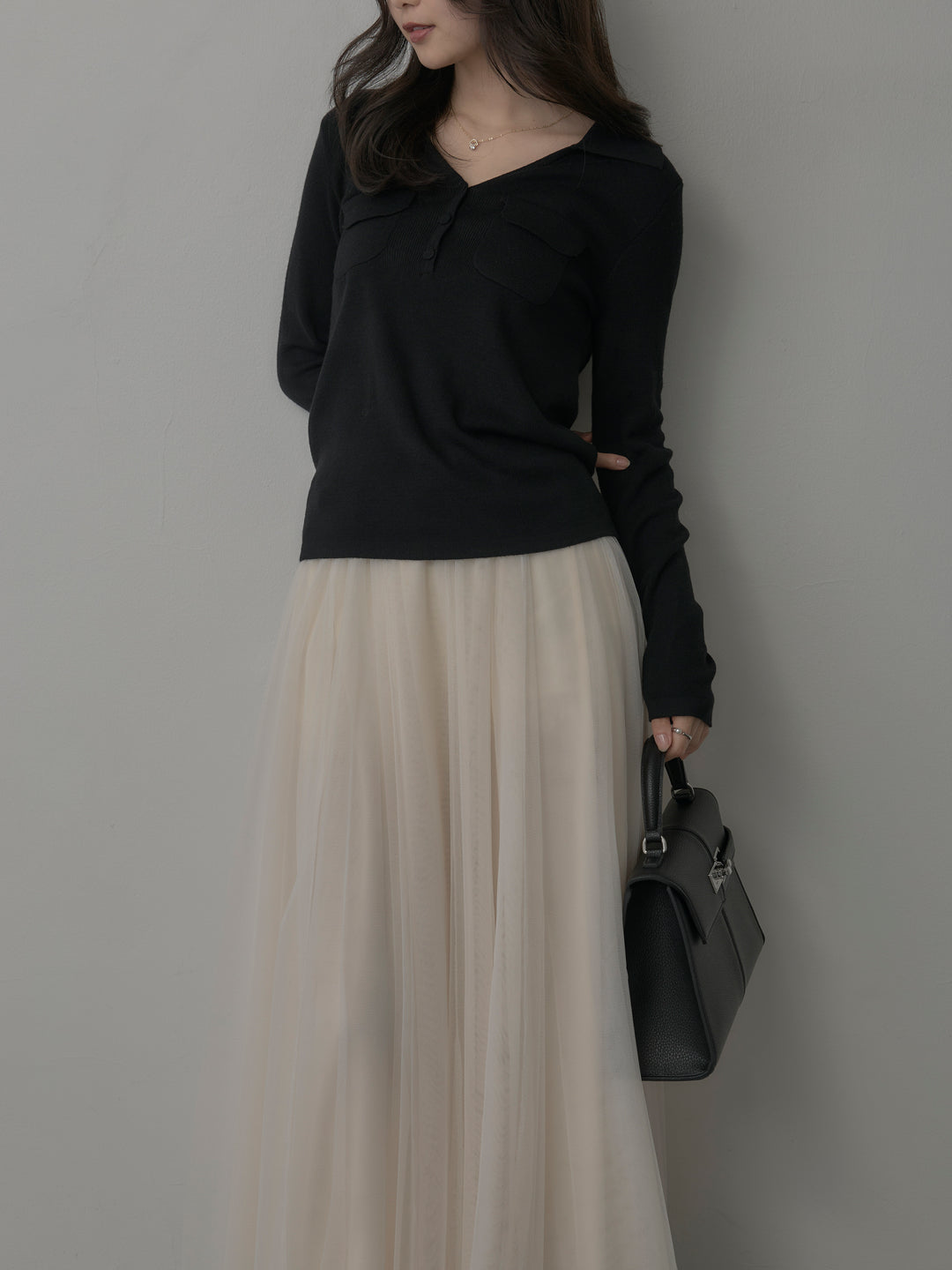 【SET】ポケットデザインリブニットトップス+ボリュームチュールスカート(2set)