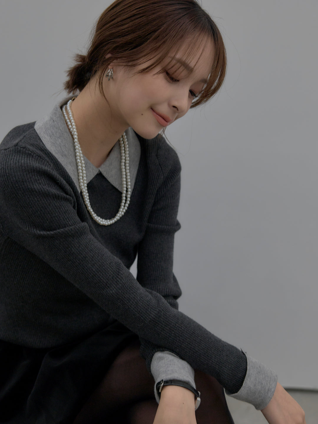 【SET】配色カフスニットポロ+ベロアバルーンミニスカート(インパン付き)(2set)