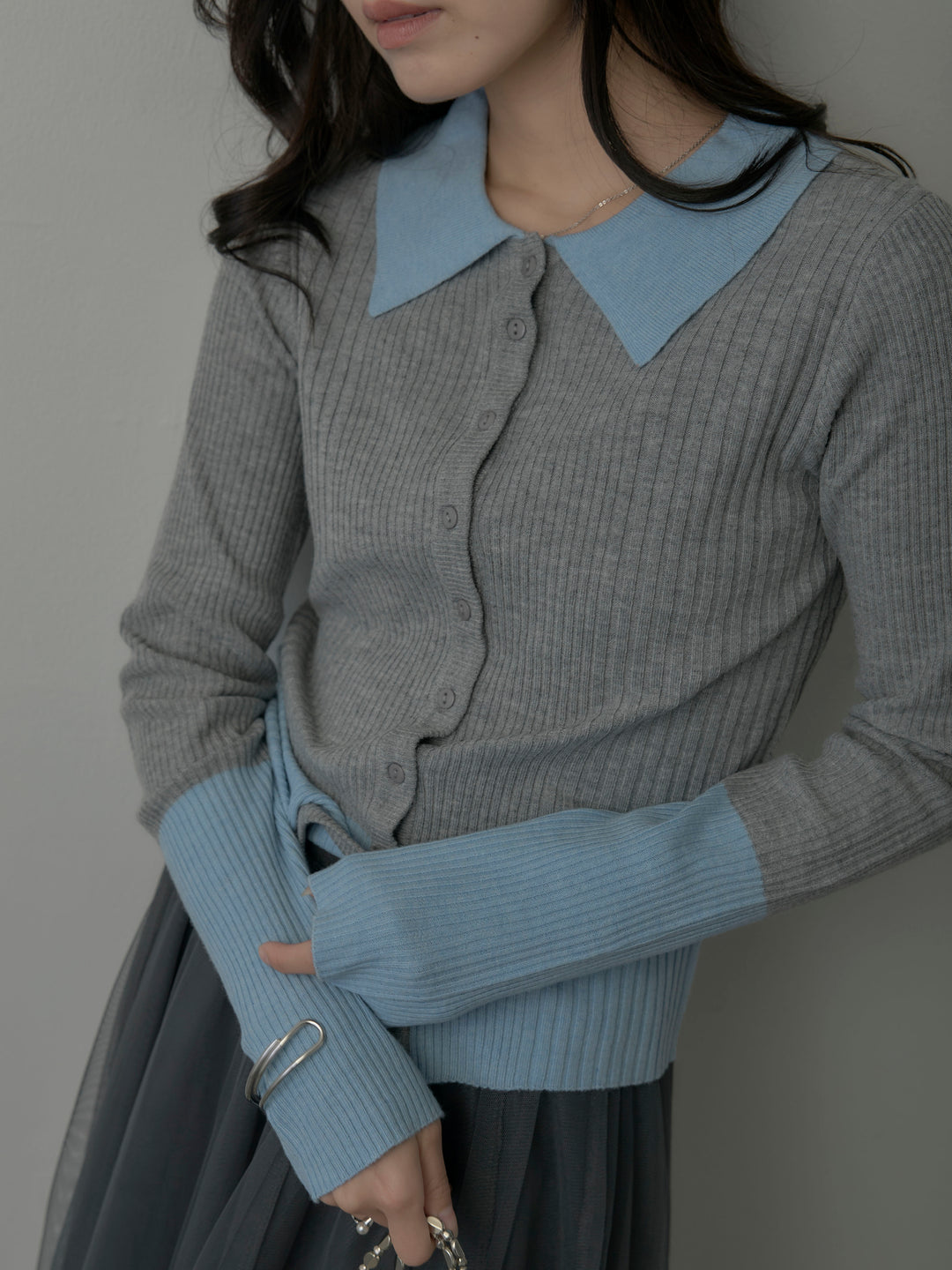 【SET】バイカラーリブニットポロトップス+ボリュームチュールスカート(2set)