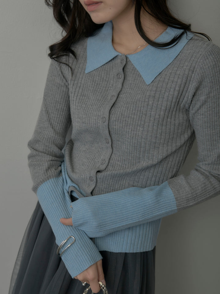 【SET】バイカラーリブニットポロトップス+ボリュームチュールスカート(2set)