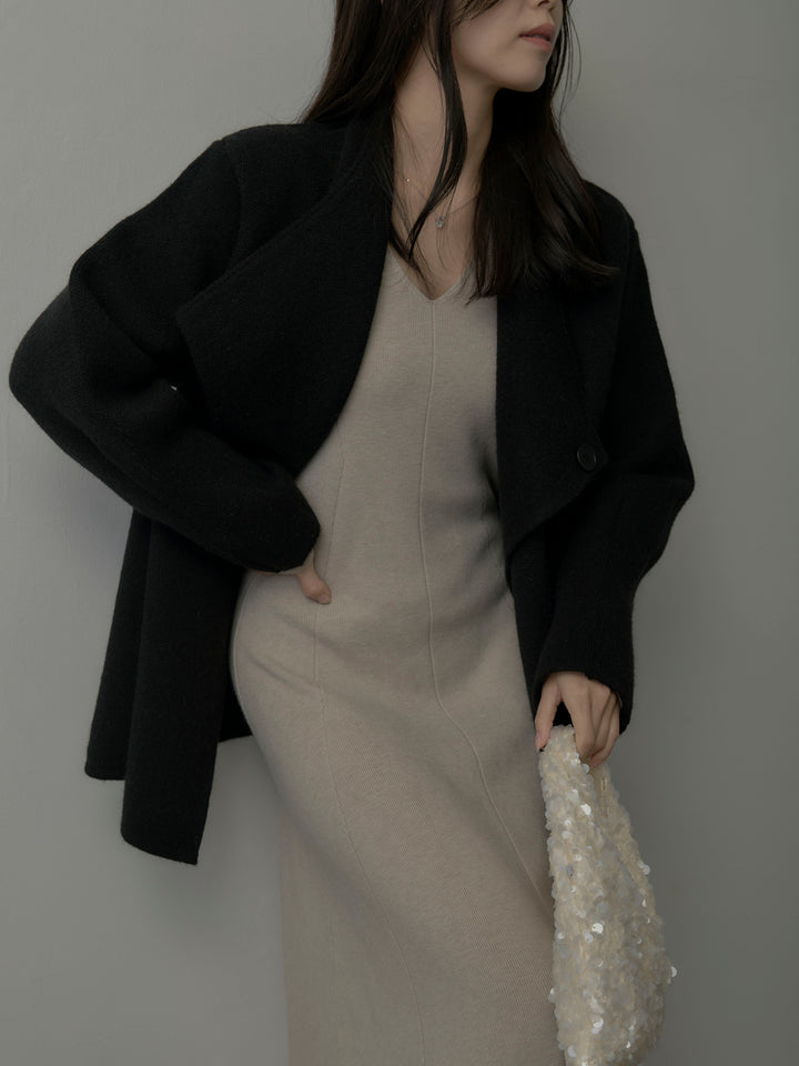 【SET】ショールカラーニットカーディガン+Vネックニットロングワンピース(2set)