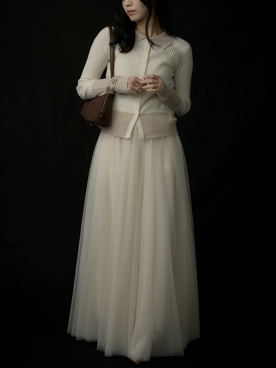 【SET】バイカラーリブニットポロトップス+ボリュームチュールスカート(2set)