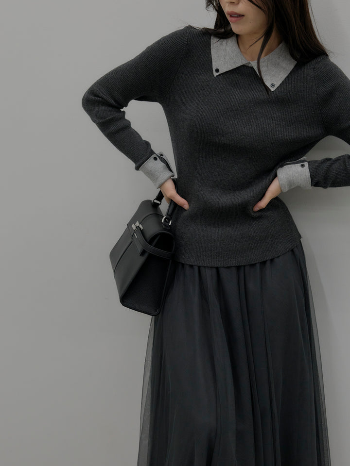 【SET】配色カフスニットポロ+ボリュームチュールスカート(2set)