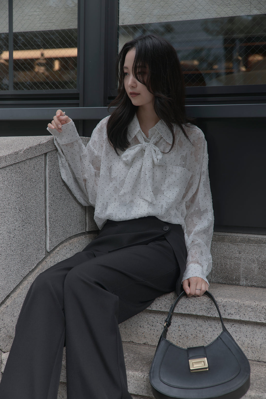 【SET】シアージャガードドットシャツ+ラップワイドパンツ(2set)