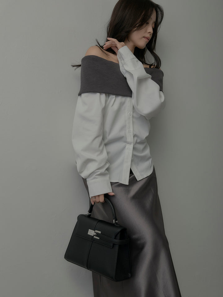 【SET】ニットシャツドッキングオフショルトップス+ヘビーサテンAラインスカート(2set)