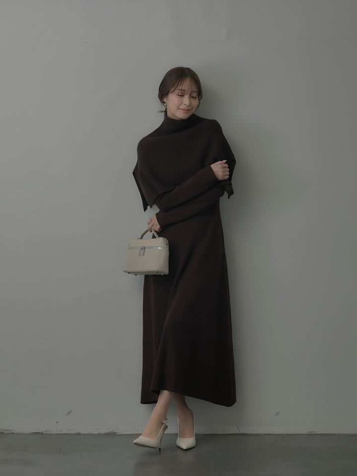 ケープ付きリブニットロングワンピース