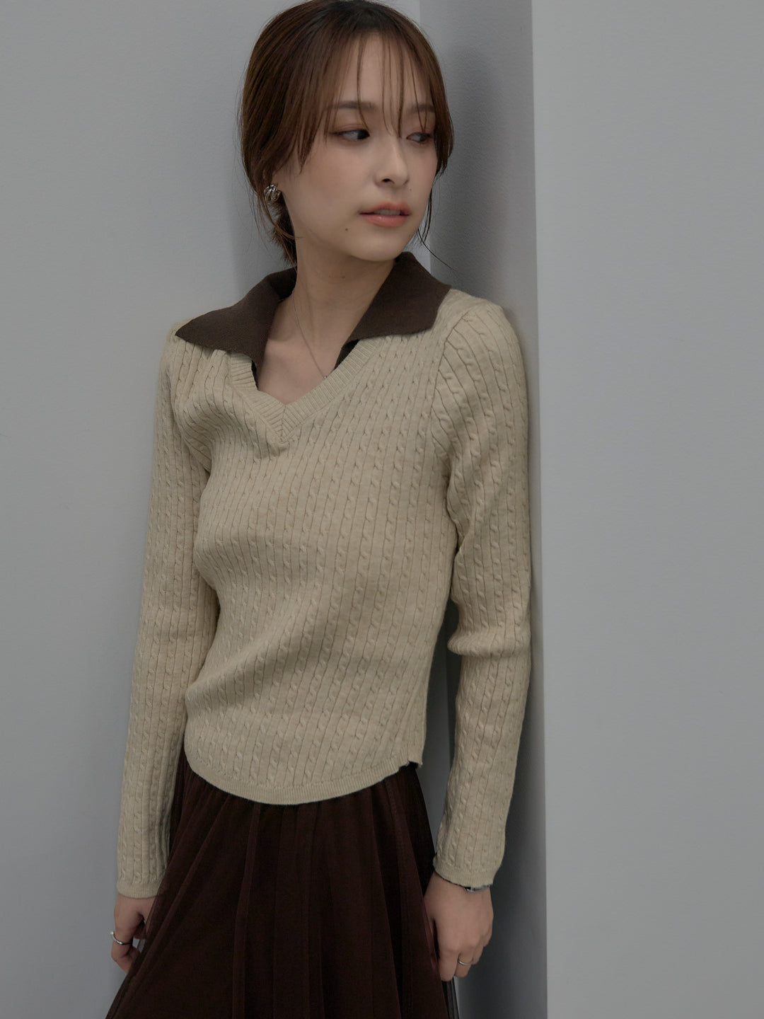 【SET】配色Vネックケーブルニットトップス+ボリュームチュールスカート(2set)