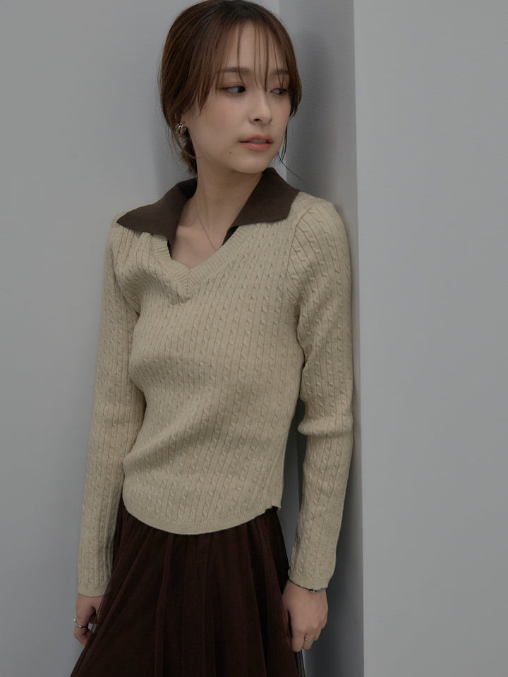 配色Vネックケーブルニットトップス