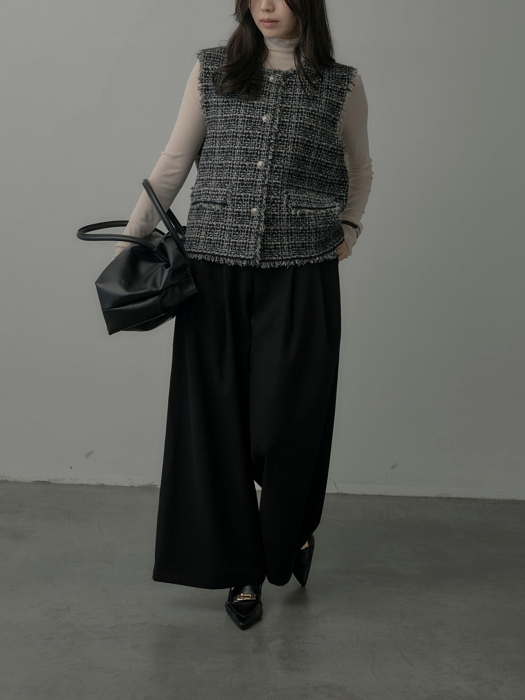 【SET】ツイードフリンジベスト+メロウフリルシアートップス+【ロープベルト付属】ウールタッチワイドパンツ(3set)