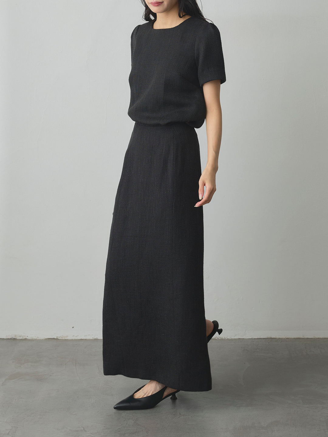 【SET】【Essential】ツイードハーフスリーブトップス+【Essential】ツイードペンシルスカート(2set)