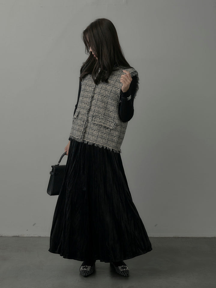 【SET】ツイードフリンジベスト+リブニットタートルネック+ベロアワッシャープリーツスカート(3set)