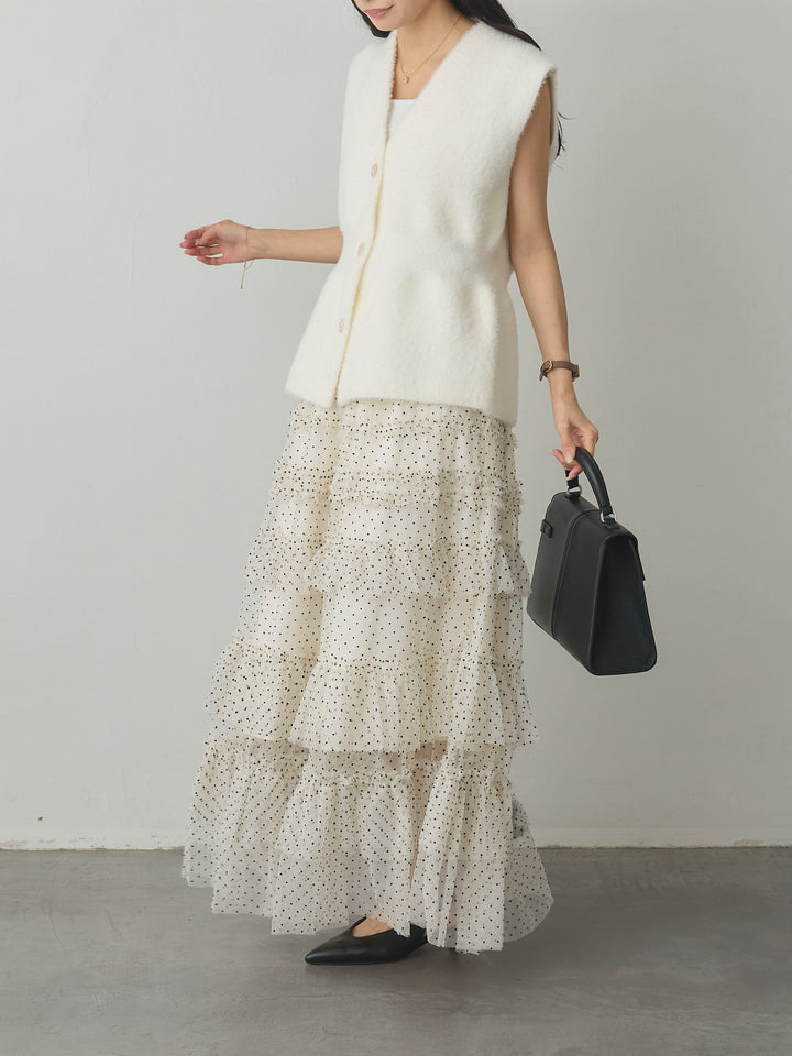 【SET】シャギーニットペプラムベスト+ドットチュールティアードスカート(2set)