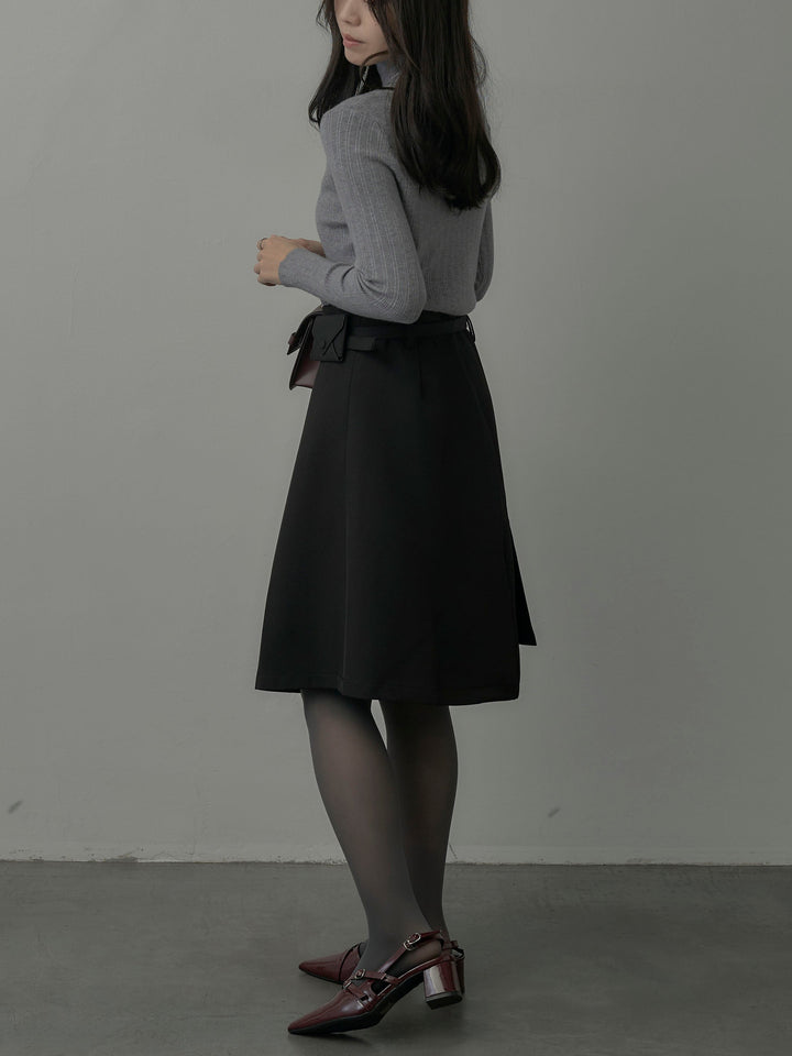 【SET】リブニットタートルネック+ウエストポーチ付きミディスカート(2set)