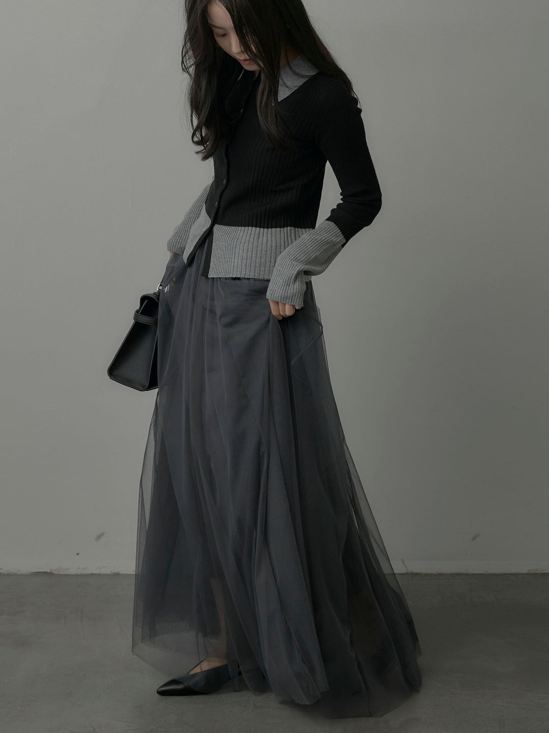 【SET】バイカラーリブニットポロトップス+ボリュームチュールスカート(2set)