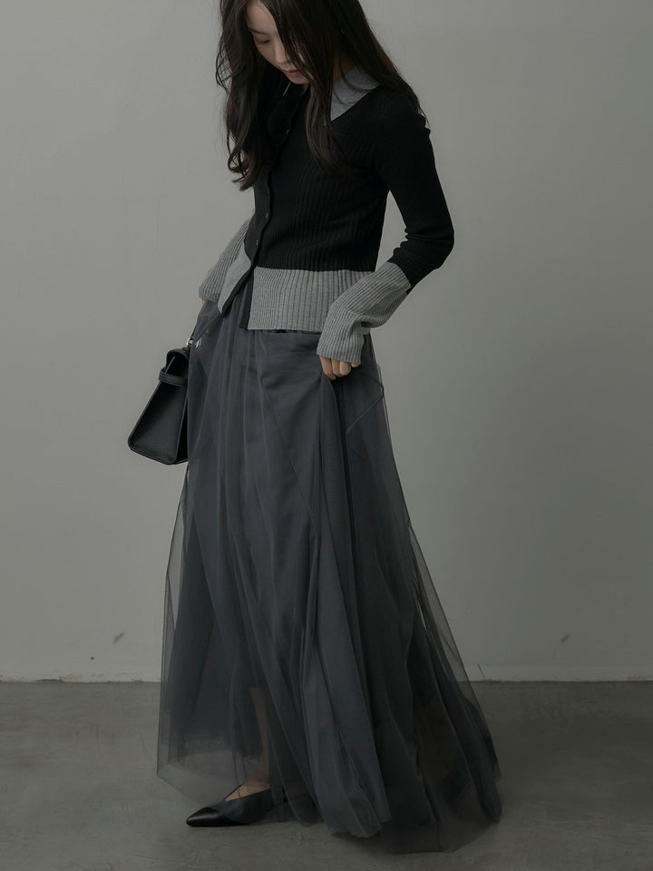 【SET】バイカラーリブニットポロトップス+ボリュームチュールスカート(2set)