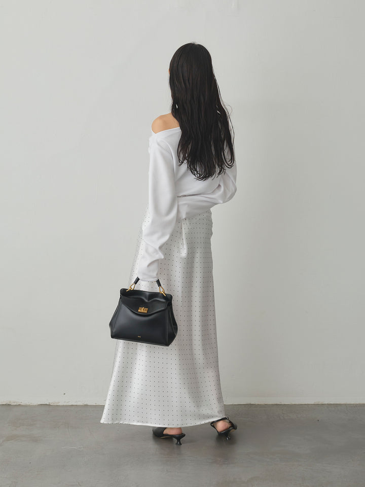 【SET】【Essential】2wayショルダードレープカットトップス+ドットサテンスカート(2set)