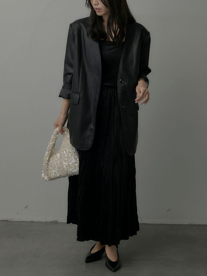 【SET】レザーノーカラージャケット+ベロアワッシャープリーツスカート(2set)