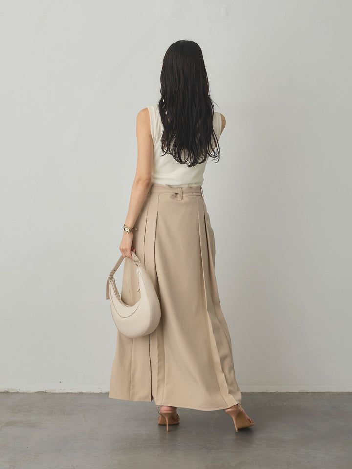 【SET】メッシュベロアノースリーブトップス+【Essential】ベルト付きサイドタックスカート(2set)