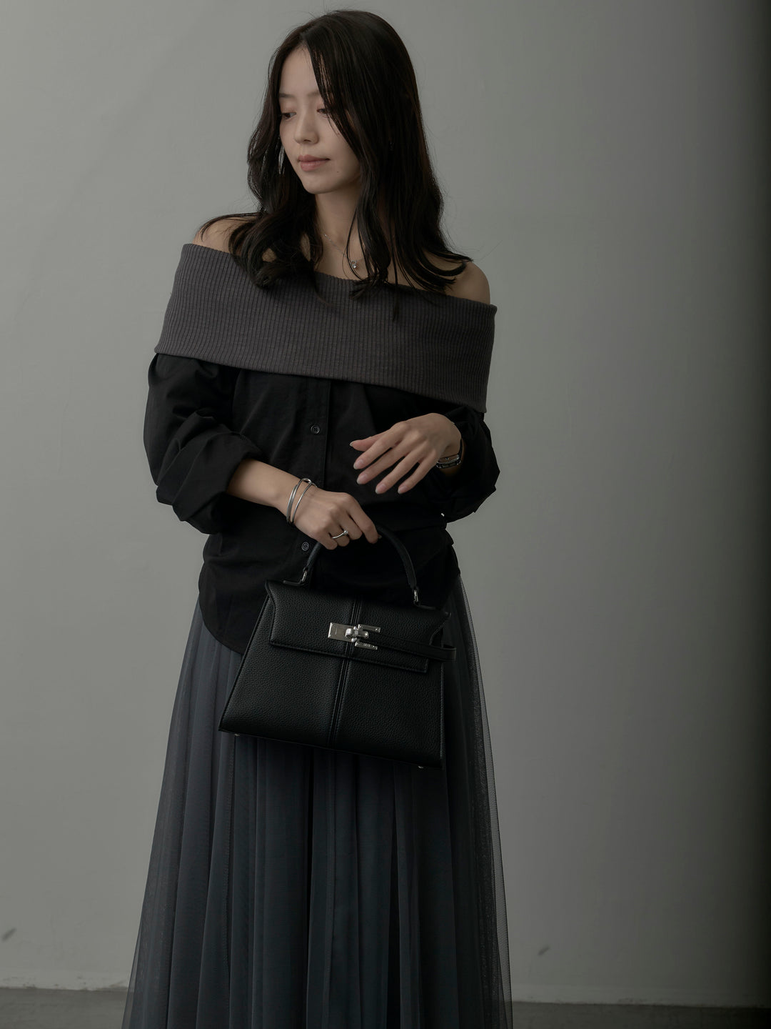 ニットシャツドッキングオフショルトップス