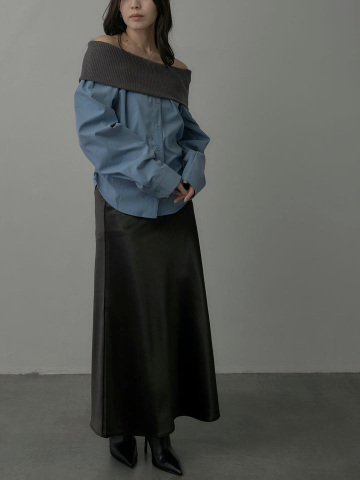 【SET】ニットシャツドッキングオフショルトップス+ヘビーサテンAラインスカート(2set)