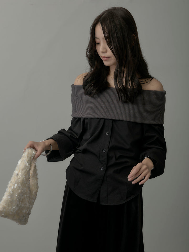 ニットシャツドッキングオフショルトップス