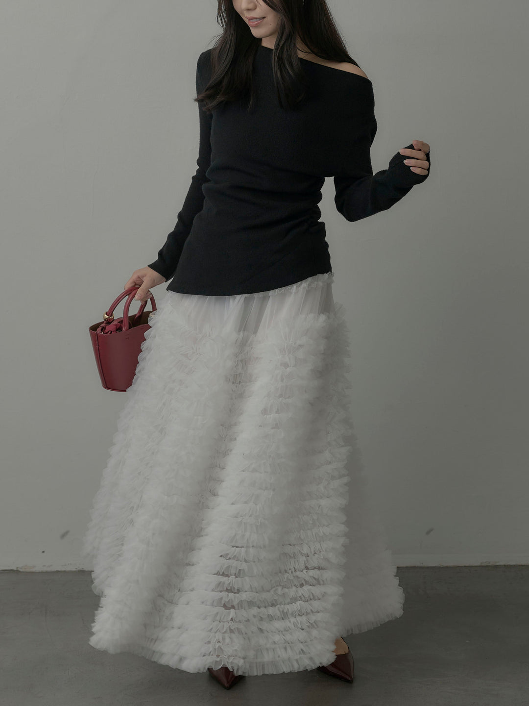 【SET】サイドスリットボートネックニットトップス+ドラマチックフリルチュールスカート(2set)