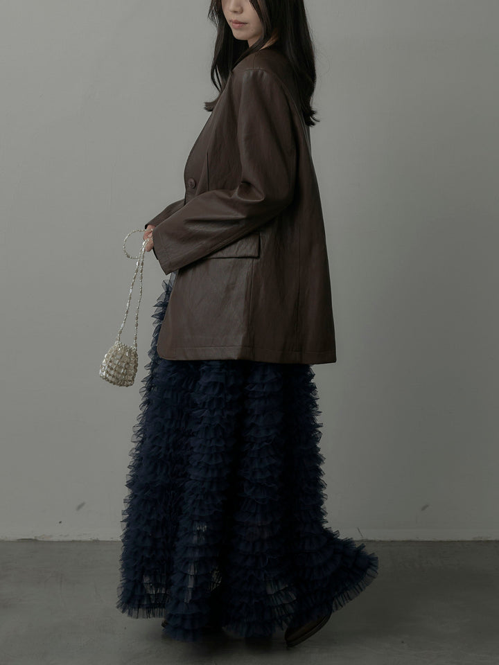 【SET】レザーノーカラージャケット+ドラマチックフリルチュールスカート(2set)