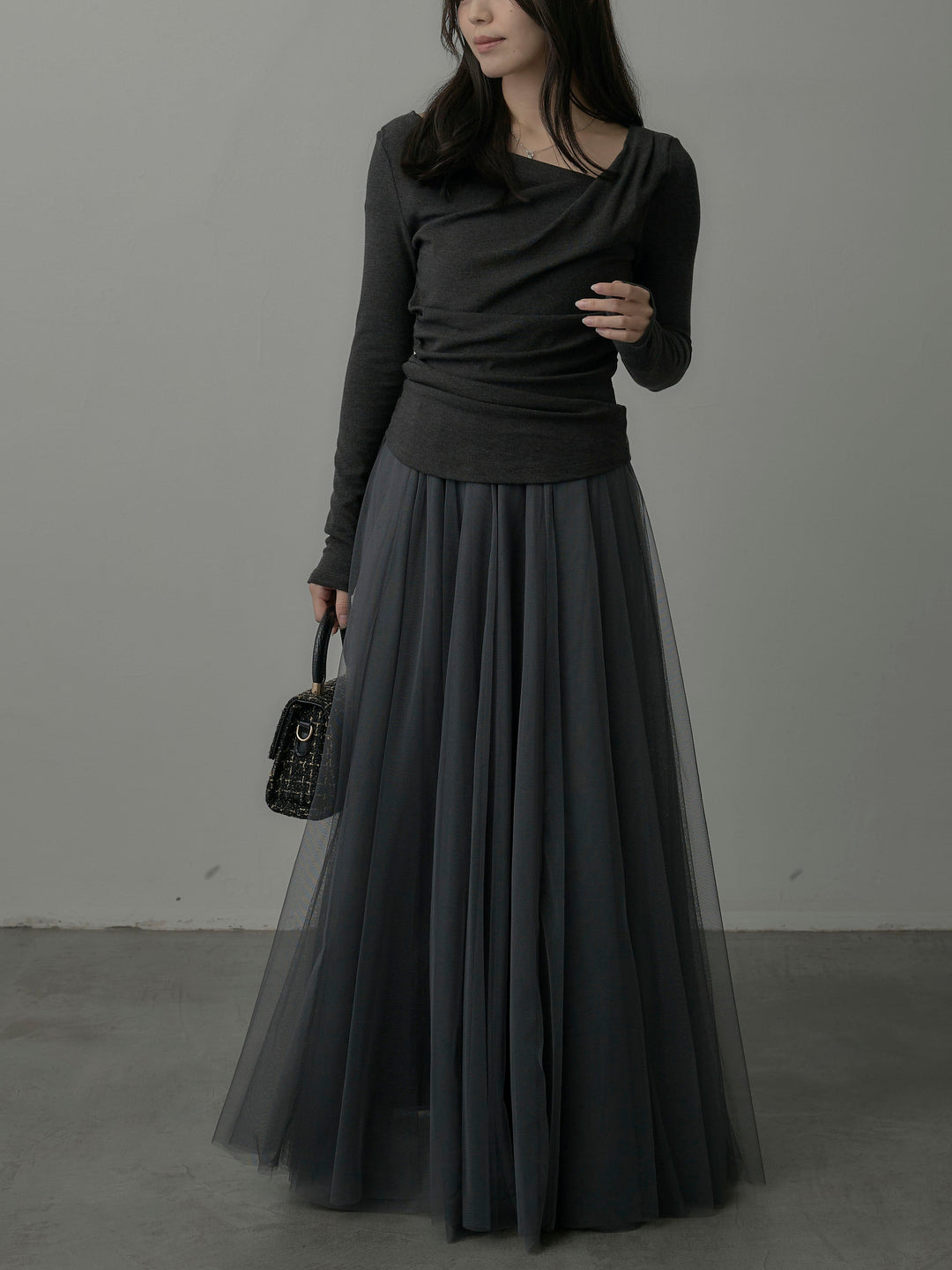 【SET】ドレープデザイントップス+ボリュームチュールスカート(2set)